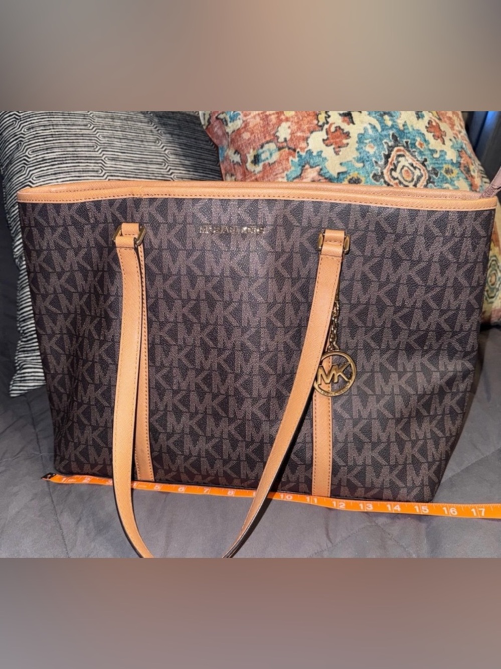 Michael Kors Brown MK Monogram Tote with Tan Leather Trim